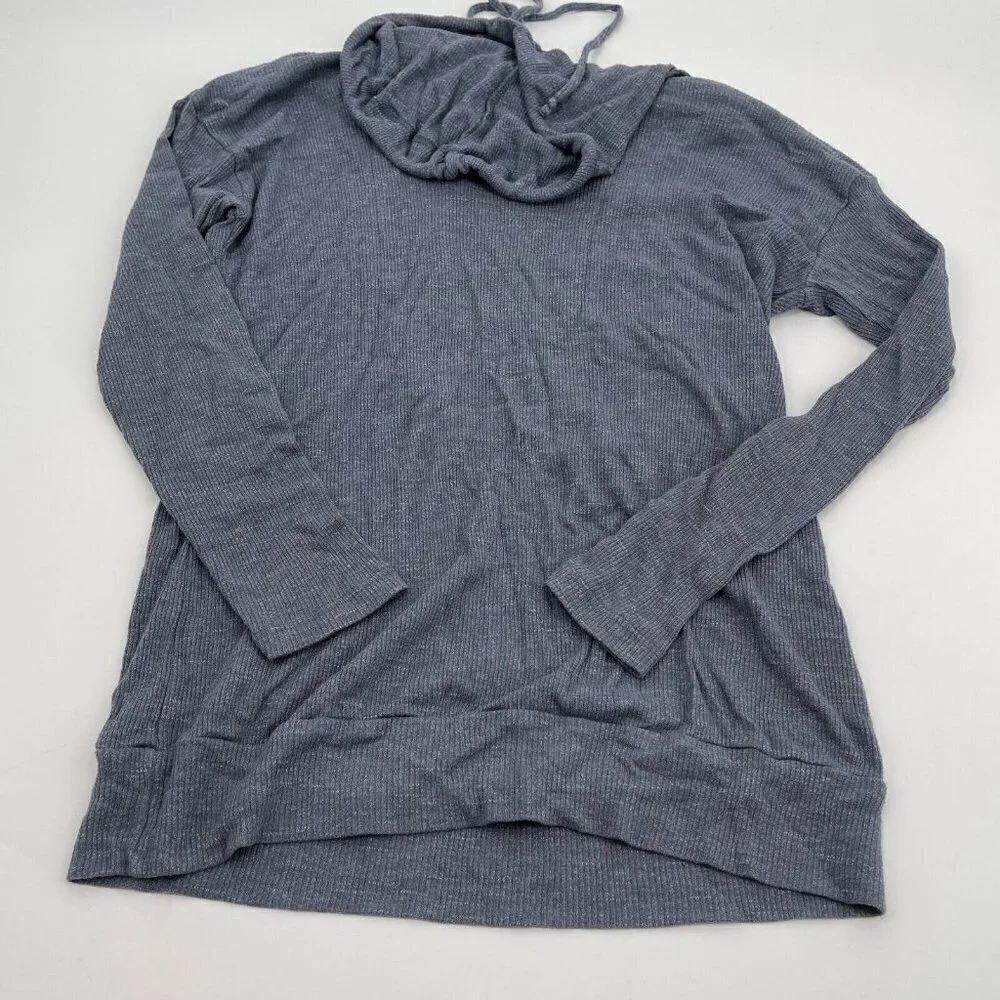 Bobeau Top XS Womens Gray Blue Lightweight Hooded Knit Casual Drawstring Stretch